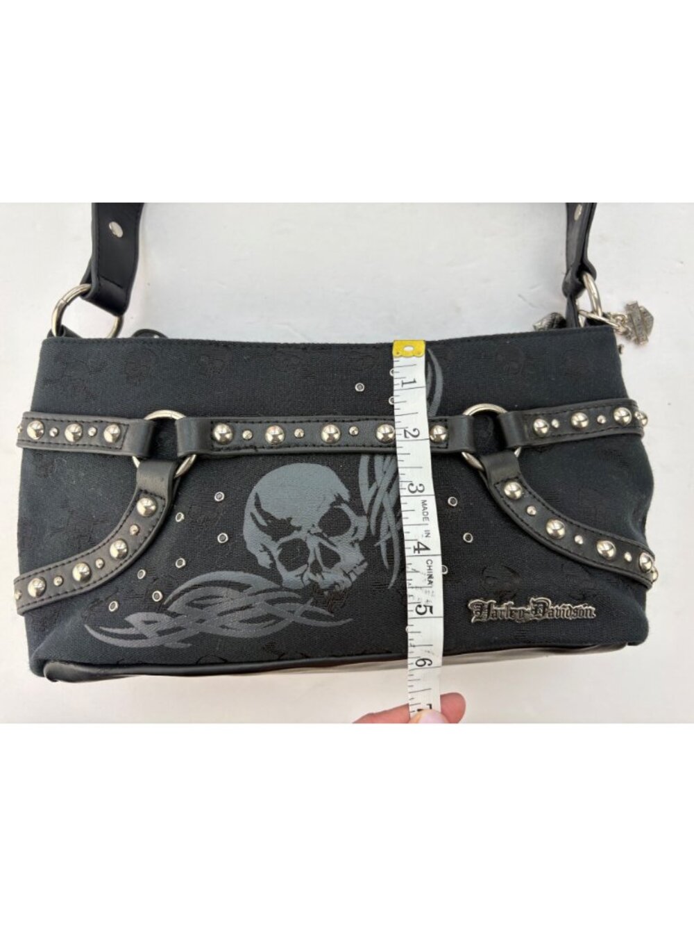 Harley-Davidson Y2K Skull & Studded Goth Biker Shoulder Bag in Black - Picture 11 of 12